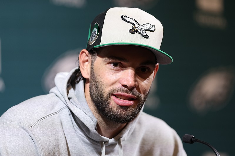 May 28, 2025; Philadelphia, PA, USA; Philadelphia Eagles tight end Dallas Goedert speaks with the media during OTAs at NovaCare Complex. Mandatory Credit: Bill Streicher-Imagn Images