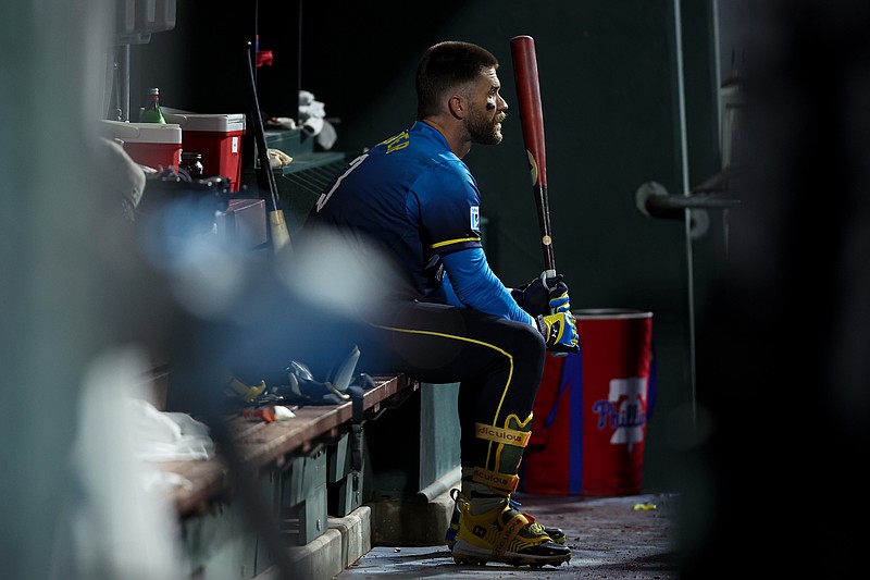 May 16, 2025; Philadelphia, Pennsylvania, USA; Philadelphia Phillies first base Bryce Harper (3) waits in the dugout to bat during the fifth inning against the Pittsburgh Pirates at Citizens Bank Park. Mandatory Credit: Bill Streicher-Imagn Images