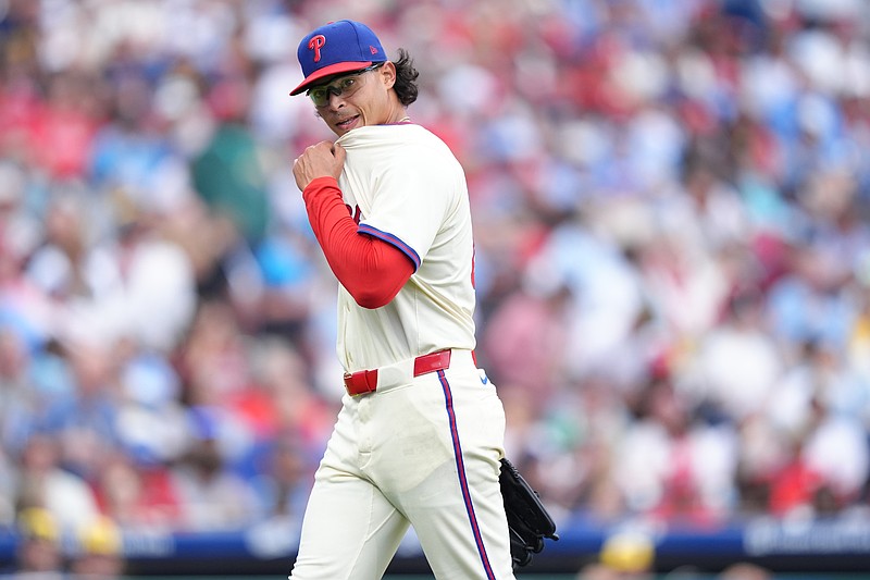May 31, 2025; Philadelphia, Pennsylvania, USA; Philadelphia Phillies starting pitcher Jesus Luzardo (44) reacts after being removed from the game against the Milwaukee Brewers in the fourth inning at Citizens Bank Park. Mandatory Credit: Kyle Ross-Imagn Images