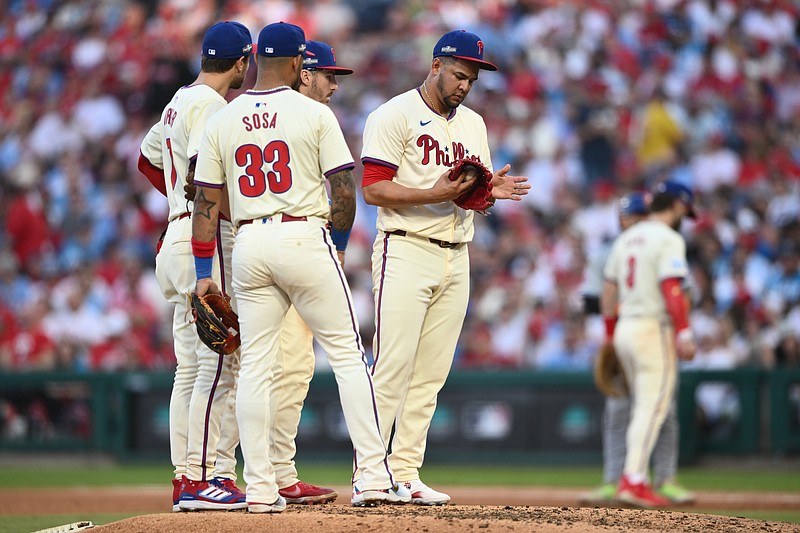 Oct 6, 2024; Philadelphia, Pennsylvania, USA; Philadelphia Phillies pitcher Jose Ruiz (66) has a meeting at the mound in the sixth inning against the New York Mets during game two of the NLDS for the 2024 MLB Playoffs at Citizens Bank Park. Mandatory Credit: Kyle Ross-Imagn Images