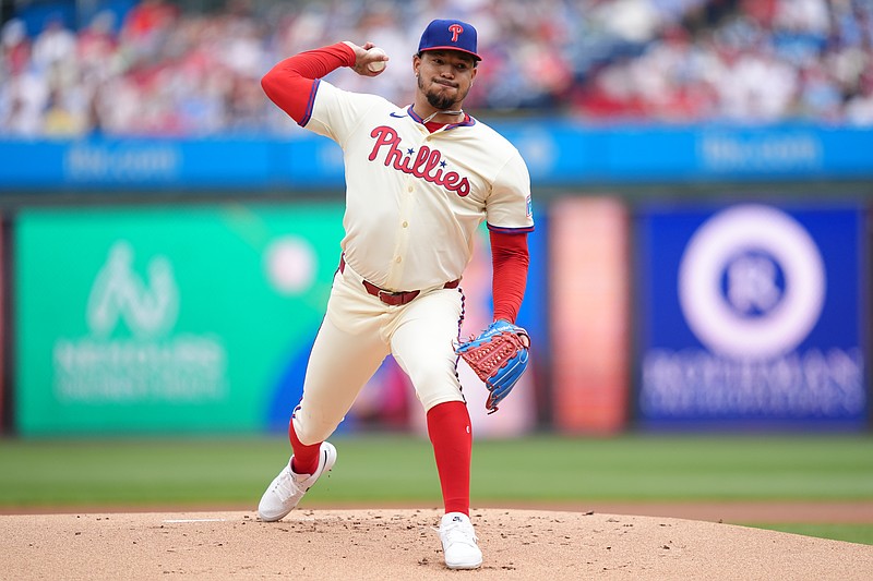 Apr 19, 2025; Philadelphia, Pennsylvania, USA; Philadelphia Phillies starting pitcher Taijuan Walker (99) throws a pitch against the Miami Marlins in the first inning at Citizens Bank Park. Mandatory Credit: Kyle Ross-Imagn Images