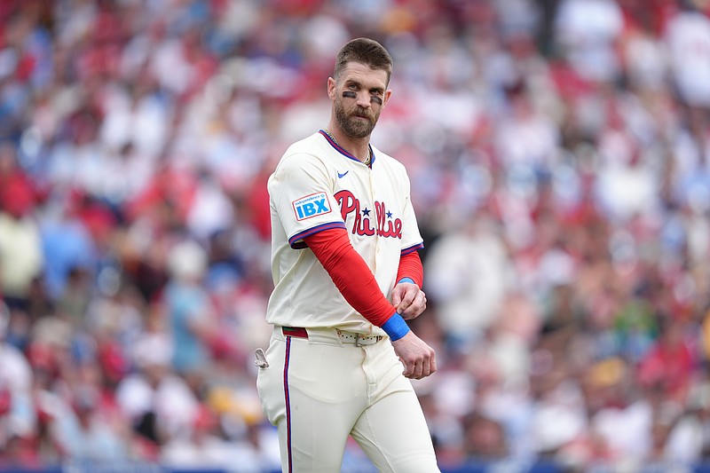 May 18, 2025; Philadelphia, Pennsylvania, USA; Philadelphia Phillies infielder Bryce Harper (3) looks on against the Pittsburgh Pirates in the first inning at Citizens Bank Park. Mandatory Credit: Kyle Ross-Imagn Images