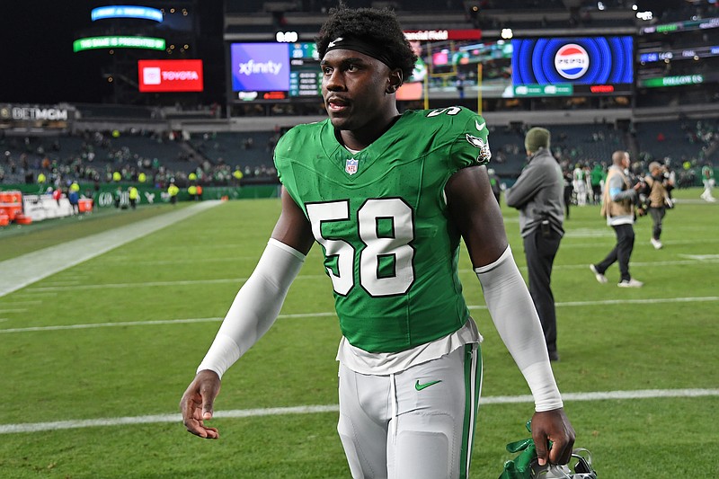 Nov 3, 2024; Philadelphia, Pennsylvania, USA; Philadelphia Eagles linebacker Jalyx Hunt (58) walks off the field after win against the Jacksonville Jaguars at Lincoln Financial Field. Mandatory Credit: Eric Hartline-Imagn Images