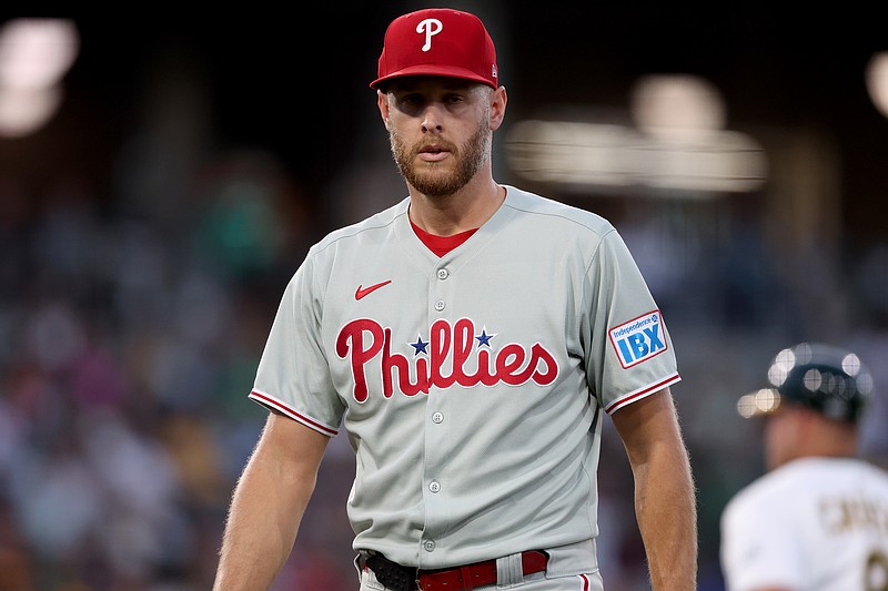 May 23, 2025; West Sacramento, California, USA; Philadelphia Phillies starting pitcher Zack Wheeler (45) walks back towards the dugout after the fourth inning against the Athletics at Sutter Health Park. Mandatory Credit: Dennis Lee-Imagn Images