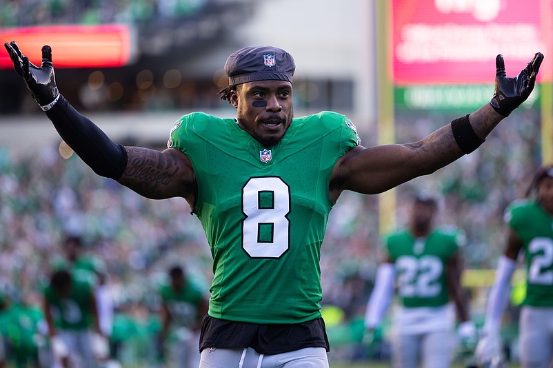 Nov 3, 2024; Philadelphia, Pennsylvania, USA; Philadelphia Eagles safety C.J. Gardner-Johnson (8) in a game against the Jacksonville Jaguars at Lincoln Financial Field. Mandatory Credit: Bill Streicher-Imagn Images