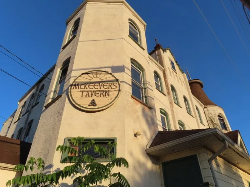Utility lines cast shadows across the front of the former McKeever’s Tavern building on Walnut Street in North Wales, as seen in June 2022. (Dan Sokil – MediaNews Group)