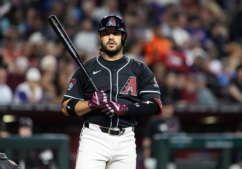 May 5, 2025; Phoenix, Arizona, USA; Arizona Diamondbacks third baseman Eugenio Suarez against the New York Mets at Chase Field. Mandatory Credit: Mark J. Rebilas-Imagn Images