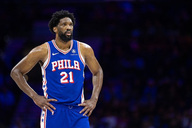 Feb 20, 2025; Philadelphia, Pennsylvania, USA; Philadelphia 76ers center Joel Embiid (21) looks on during the third quarter against the Boston Celtics at Wells Fargo Center. Mandatory Credit: Bill Streicher-Imagn Images