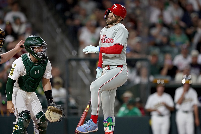 May 23, 2025; West Sacramento, California, USA; Philadelphia Phillies first baseman Bryce Harper (3) reacts after being hit by a pitch in the eighth inning against the Athletics at Sutter Health Park. Mandatory Credit: Dennis Lee-Imagn Images