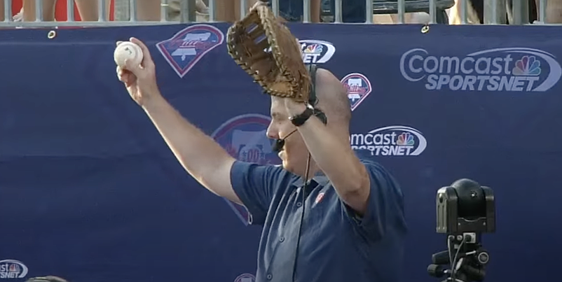 Tom McCarthy caught a home run ball during the annual broadcast from the stands in June of 2014. (NBC Sports Philadelphia)