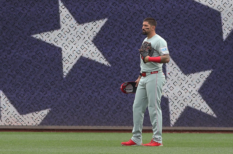 Jun 8, 2025; Pittsburgh, Pennsylvania, USA; Philadelphia Phillies right fielder Nick Castellanos (8) stands for the playing of God Bless America during the seventh inning stretch against the Pittsburgh Pirates at PNC Park. Mandatory Credit: Charles LeClaire-Imagn Images