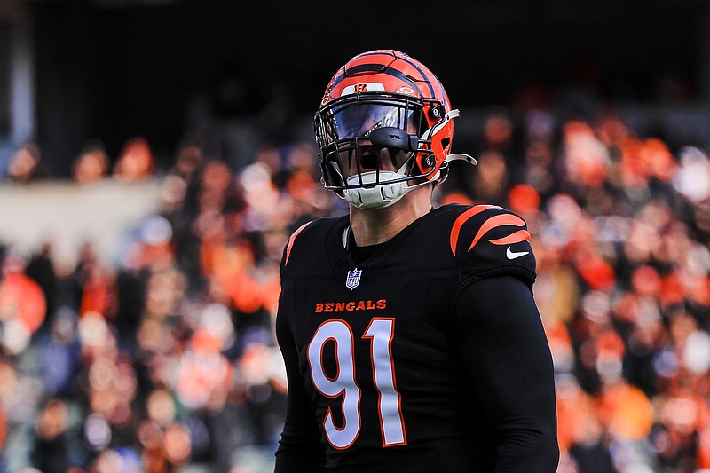 Dec 22, 2024; Cincinnati, Ohio, USA; Cincinnati Bengals defensive end Trey Hendrickson (91) runs onto the field before the game against the Cleveland Browns at Paycor Stadium. Mandatory Credit: Katie Stratman-Imagn Images