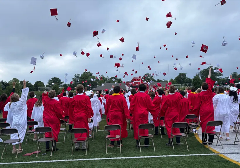The 2025 Souderton Area High School graduates toss their hats into the air to celebrate their graduation. (John Worthington – MediaNews Group)