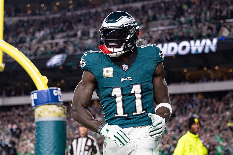 Nov 5, 2023; Philadelphia, Pennsylvania, USA; Philadelphia Eagles wide receiver A.J. Brown (11) reacts after his touchdown catch against the Dallas Cowboys during the third quarter at Lincoln Financial Field. Mandatory Credit: Bill Streicher-USA TODAY Sports