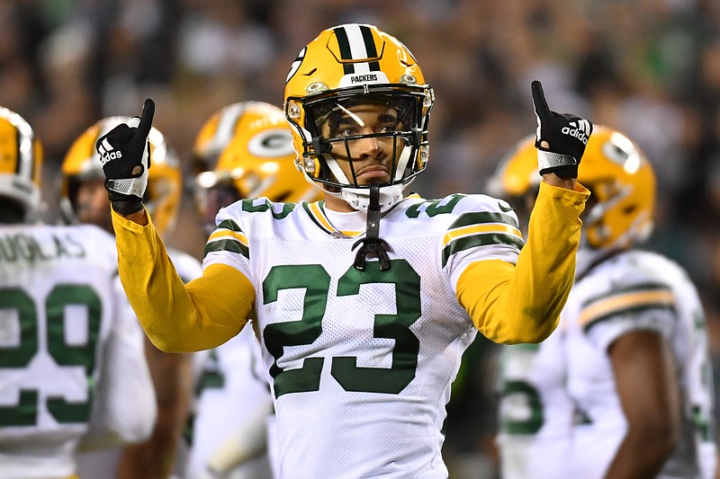 Nov 27, 2022; Philadelphia, Pennsylvania, USA; Green Bay Packers cornerback Jaire Alexander (23) acknkowledges the crowd against the Philadelphia Eagles during the fourth quarter at Lincoln Financial Field. Mandatory Credit: Eric Hartline-USA TODAY Sports