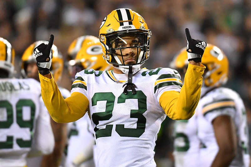 Nov 27, 2022; Philadelphia, Pennsylvania, USA; Green Bay Packers cornerback Jaire Alexander (23) acknkowledges the crowd against the Philadelphia Eagles during the fourth quarter at Lincoln Financial Field. Mandatory Credit: Eric Hartline-USA TODAY Sports