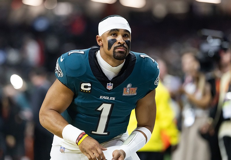Feb 9, 2025; New Orleans, LA, USA; Philadelphia Eagles quarterback Jalen Hurts (1) against the Kansas City Chiefs during Super Bowl LIX at Ceasars Superdome. Mandatory Credit: Mark J. Rebilas-Imagn Images