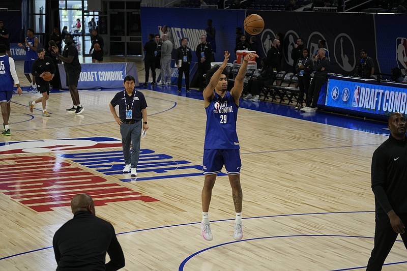 May 13, 2025; Chicago, Il, USA; Dylan Harper (29) participates in the 2025 NBA Draft Combine at Wintrust Arena. Mandatory Credit: David Banks-Imagn Images