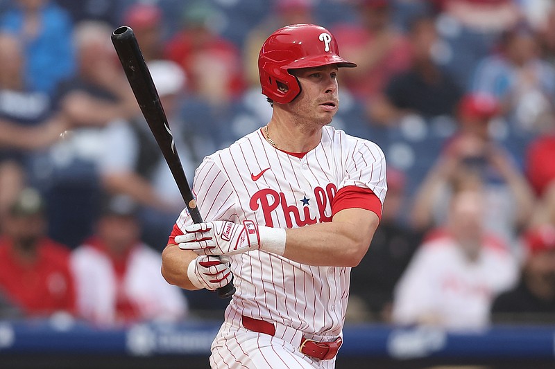 May 14, 2025; Philadelphia, Pennsylvania, USA; Philadelphia Phillies outfielder Max Kepler (17) hits an Rbi single during the first inning against the St. Louis Cardinals at Citizens Bank Park. Mandatory Credit: Bill Streicher-Imagn Images
