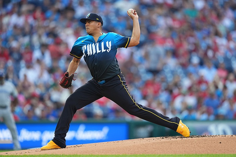 Jun 13, 2025; Philadelphia, Pennsylvania, USA; Philadelphia Phillies starting pitcher Ranger Suarez (55) throws a pitch against the Toronto Blue Jays in the first inning at Citizens Bank Park. Mandatory Credit: Kyle Ross-Imagn Images