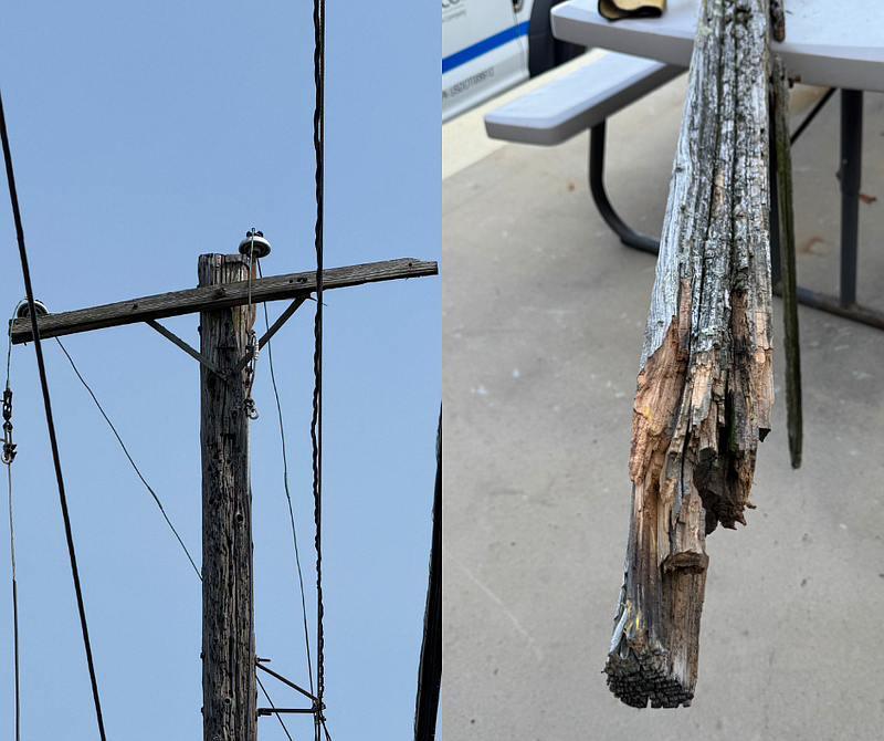 A photo of the utility pole from which the crossarm broke off, and a close up of the decayed crossarm. (Credit: IBEW Local 614)