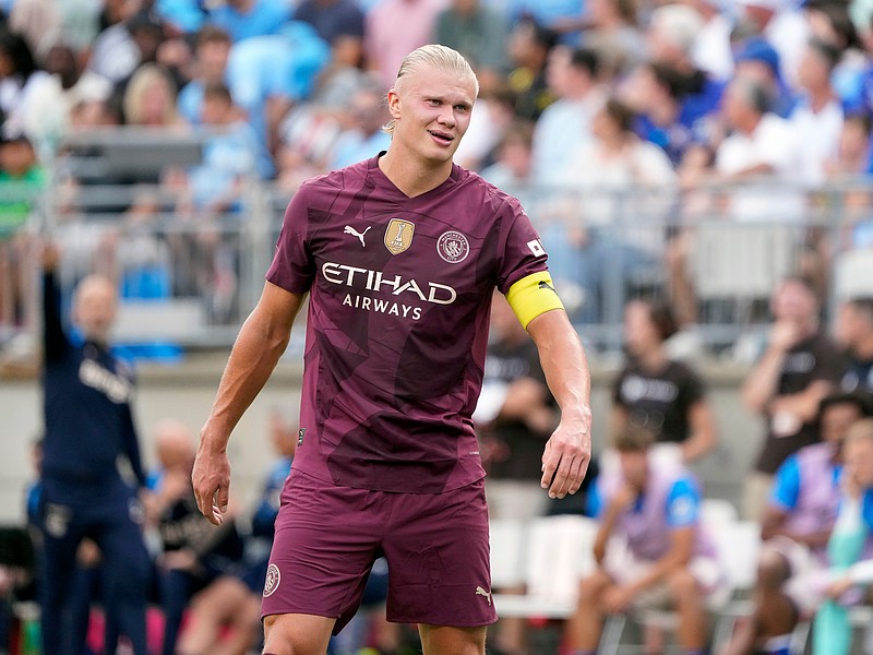 Aug 3, 2024; Columbus, OH, USA; Manchester City forward Erling Haaland (9) misses a shot on goal against Chelsea in the first half during the FC Series game at Ohio Stadium.