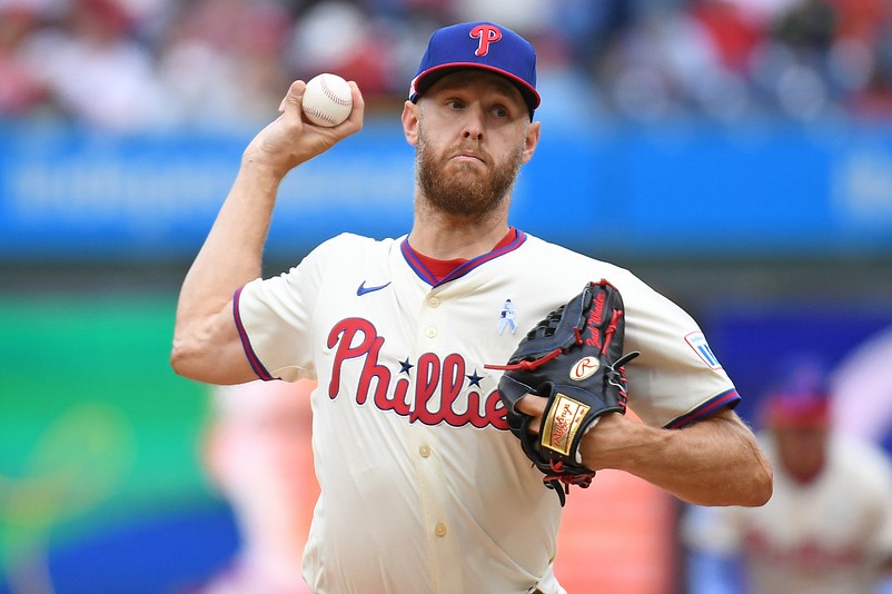 Jun 15, 2025; Philadelphia, Pennsylvania, USA; Philadelphia Phillies pitcher Zack Wheeler (45) throws a pitch during the first inning against the Toronto Blue Jays at Citizens Bank Park. Mandatory Credit: Eric Hartline-Imagn Images