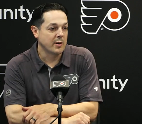Flyers GM, Danny Briere, along with assistant GM Brent Flahr (not pictured) met with the media on Tuesday in advance of next week's NHL Draft (Credit: Philadelphia Flyers on X).