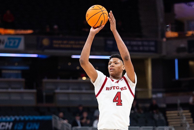 Mar 12, 2025; Indianapolis, IN, USA; Rutgers Scarlet Knights guard Ace Bailey (4) shoots the ball in the second half against the USC Trojans at Gainbridge Fieldhouse. Mandatory Credit: Trevor Ruszkowski-Imagn Images