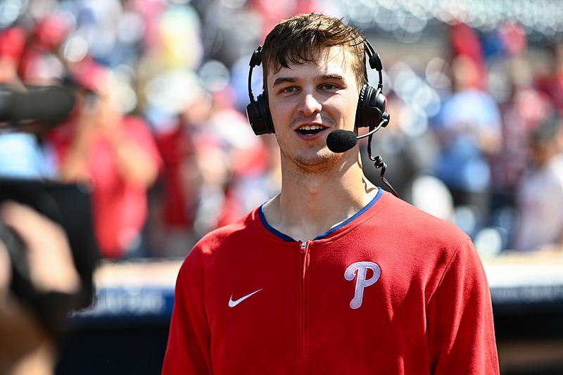 May 18, 2025; Philadelphia, Pennsylvania, USA; Philadelphia Phillies starting pitcher Mick Abel (40) reacts during an interview after the game against the Pittsburgh Pirates at Citizens Bank Park. Mandatory Credit: Kyle Ross-Imagn Images