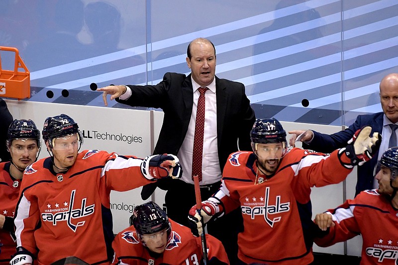 Aug 12, 2020; Toronto, Ontario, CAN; Washington Capitals head coach Todd Reirden (M) gestures from behind the bench against the New York Islanders in the second period in game one of the first round of the 2020 Stanley Cup Playoffs at Scotiabank Arena. Mandatory Credit: Dan Hamilton-USA TODAY Sports