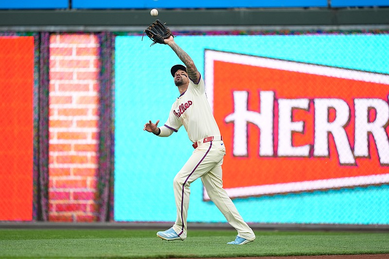 Jun 14, 2025; Philadelphia, Pennsylvania, USA; Philadelphia Phillies outfielder Nick Castellanos (8) fields a fly ball against the Toronto Blue Jays in the sixth inning at Citizens Bank Park. Mandatory Credit: Kyle Ross-Imagn Images