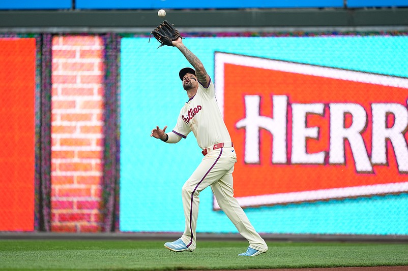 Jun 14, 2025; Philadelphia, Pennsylvania, USA; Philadelphia Phillies outfielder Nick Castellanos (8) fields a fly ball against the Toronto Blue Jays in the sixth inning at Citizens Bank Park. Mandatory Credit: Kyle Ross-Imagn Images