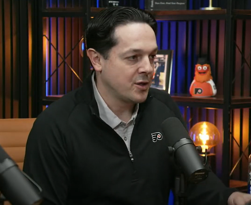Flyers G.M. Danny Briere sits in with On Pattison's Anthony SanFilippo on his podcast Snow the Goalie. (Credit: Snow the Goalie)