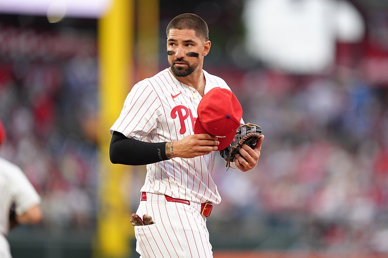 May 12, 2025; Philadelphia, Pennsylvania, USA; Philadelphia Phillies outfielder Nick Castellanos (8) looks on against the St. Louis Cardinals in the third inning at Citizens Bank Park. Mandatory Credit: Kyle Ross-Imagn Images