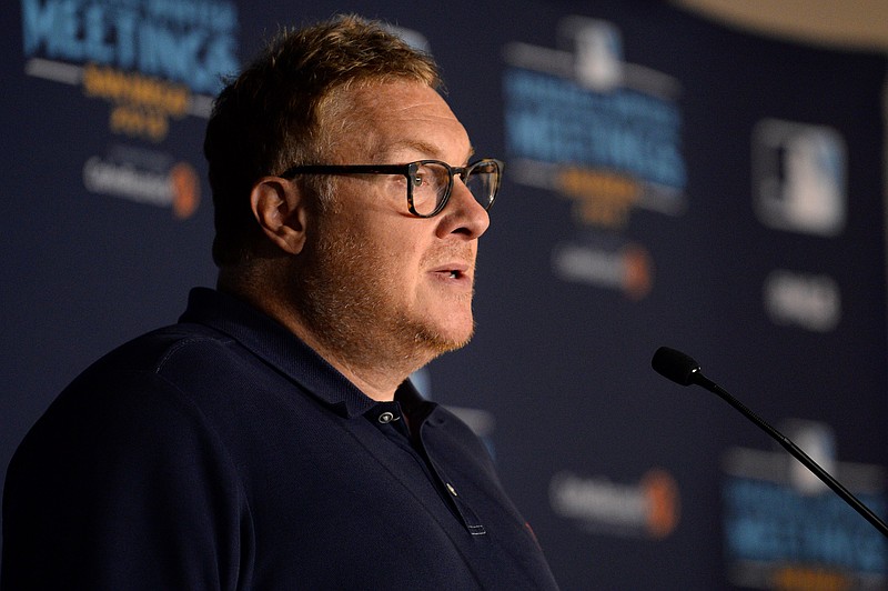 Dec 9, 2019; San Diego, CA, USA; Sportscaster Jon Sciambi speaks during the MLB Winter Meetings at Manchester Grand Hyatt. Mandatory Credit: Orlando Ramirez-USA TODAY Sports