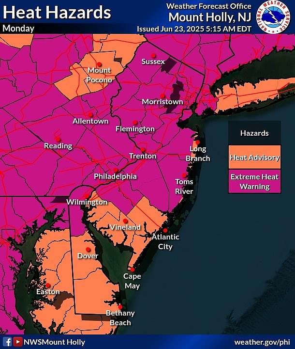 The National Weather Service graphic shows that extreme heat will bake New Jersey.