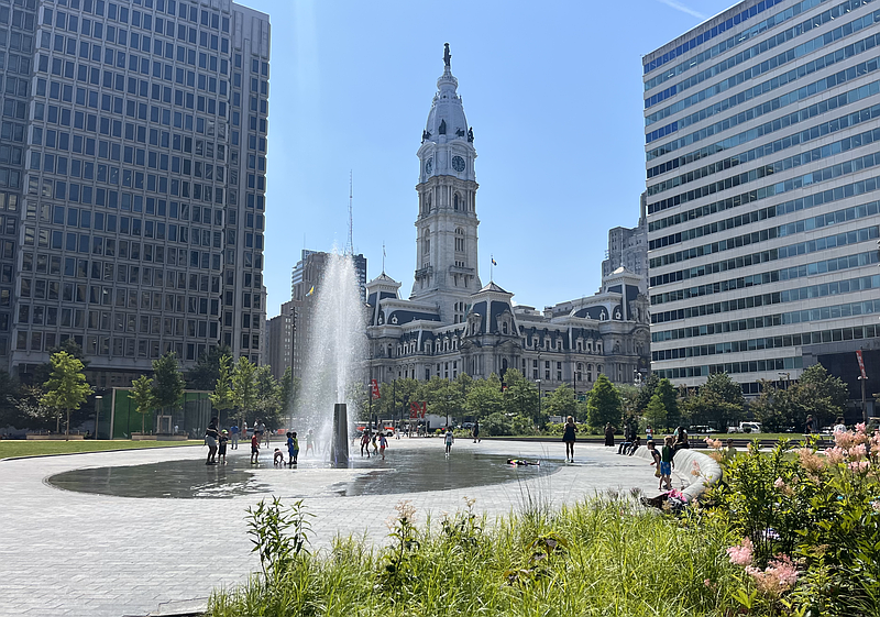 Children playing in the fountain located at John F. Kennedy Plaza in Center City.