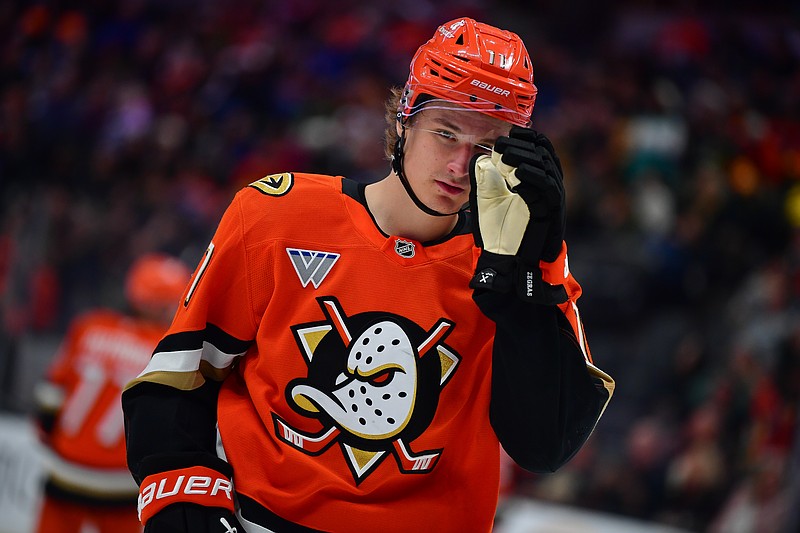 Apr 7, 2025; Anaheim, California, USA; Anaheim Ducks center Trevor Zegras (11) during the second period at Honda Center. Mandatory Credit: Gary A. Vasquez-Imagn Images