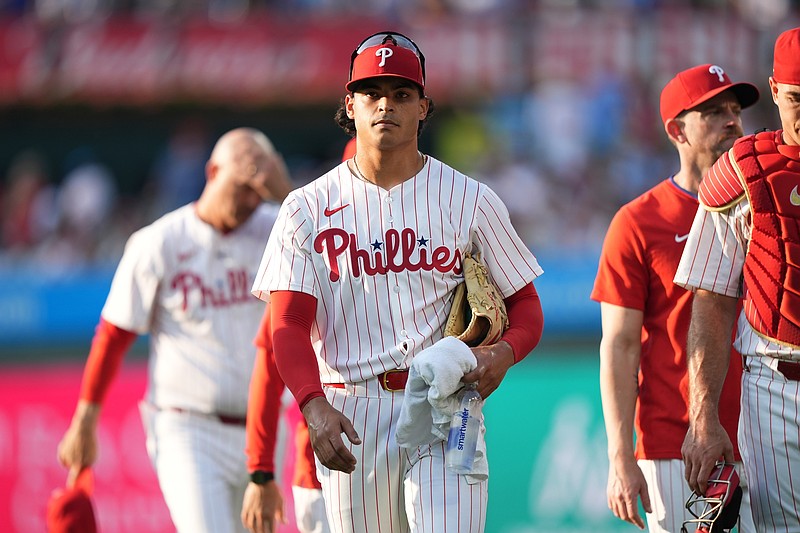Jun 22, 2025; Philadelphia, Pennsylvania, USA; Philadelphia Phillies starting pitcher Jesus Luzardo (44) enters the field before the game against the New York Mets at Citizens Bank Park. Mandatory Credit: Kyle Ross-Imagn Images