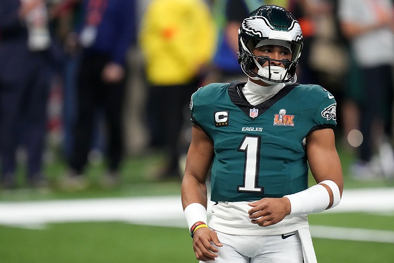 Feb 9, 2025; New Orleans, LA, USA; Philadelphia Eagles quarterback Jalen Hurts (1) practices before Super Bowl LIX against the Kansas City Chiefs at Caesars Superdome. Mandatory Credit: Kirby Lee-Imagn Images