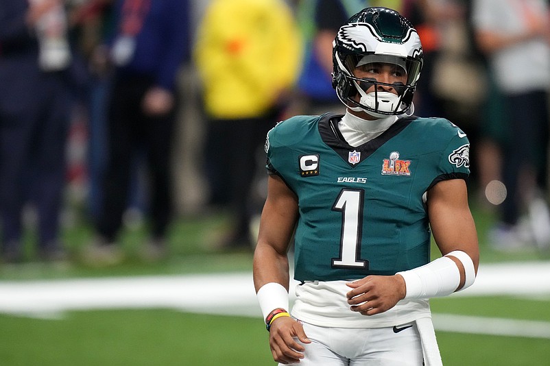 Feb 9, 2025; New Orleans, LA, USA; Philadelphia Eagles quarterback Jalen Hurts (1) practices before Super Bowl LIX against the Kansas City Chiefs at Caesars Superdome. Mandatory Credit: Kirby Lee-Imagn Images