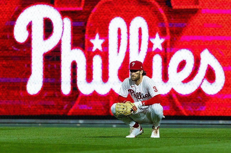 Sep 22, 2021; Philadelphia, Pennsylvania, USA; Philadelphia Phillies right fielder Bryce Harper (3) waits in the outfield before the third inning against the Baltimore Orioles at Citizens Bank Park. Mandatory Credit: Bill Streicher-USA TODAY Sports