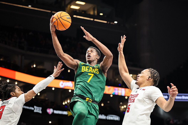 Mar 13, 2025; Kansas City, MO, USA; Baylor Bears guard VJ Edgecombe (7) shoots the ball during the second half against the Texas Tech Red Raiders at T-Mobile Center. Mandatory Credit: William Purnell-Imagn Images