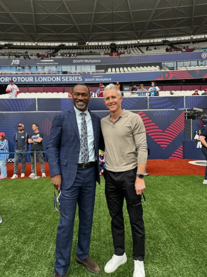 Doug Glanville with Chase Utley in June, 2024 when the Phillies played the Mets in the London Series. (Credit: Doug Glanville)