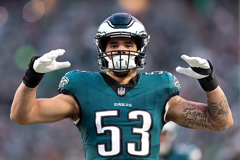 Jan 12, 2025; Philadelphia, Pennsylvania, USA; Philadelphia Eagles linebacker Zack Baun (53) before kick off against the Green Bay Packers in an NFC wild card game at Lincoln Financial Field. Mandatory Credit: Bill Streicher-Imagn Images