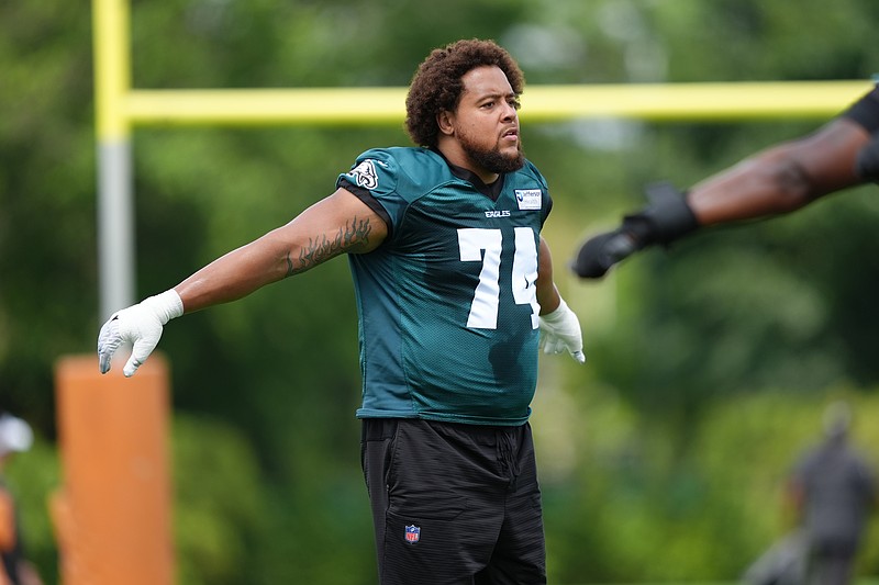 Jun 10, 2025; Philadelphia, PA, USA; Philadelphia Eagles offensive lineman Kendall Lamm (74) warms up at NovaCare Complex. Mandatory Credit: Kyle Ross-Imagn Images
