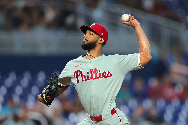 Jun 19, 2025; Miami, Florida, USA; Philadelphia Phillies starting pitcher Cristopher Sanchez (61) delivers a pitch against the Miami Marlins first inning at loanDepot Park. Mandatory Credit: Sam Navarro-Imagn Images