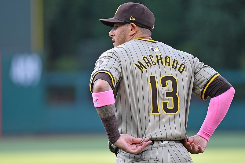 Jun 17, 2024; Philadelphia, Pennsylvania, USA; San Diego Padres third base Manny Machado (13) against the Philadelphia Phillies at Citizens Bank Park. Mandatory Credit: Eric Hartline-USA TODAY Sports