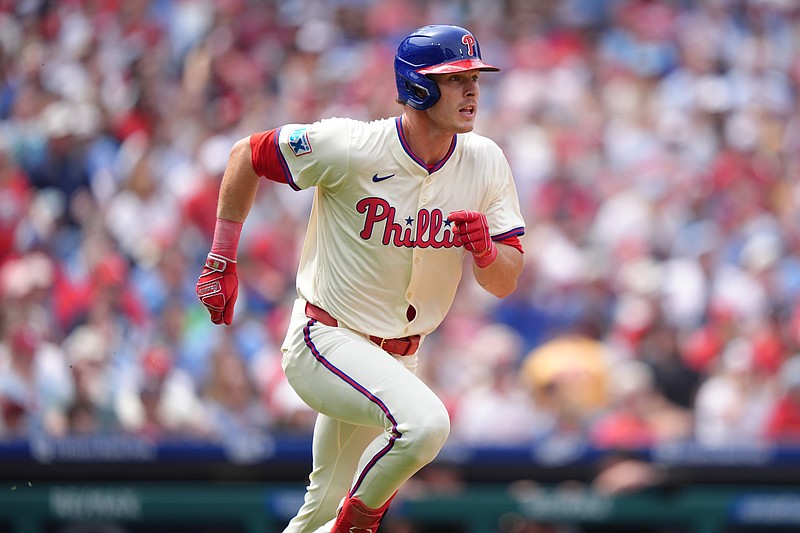 Apr 19, 2025; Philadelphia, Pennsylvania, USA; Philadelphia Phillies outfielder Max Kepler (17) runs to first after hitting a double against the Miami Marlins in the third inning at Citizens Bank Park. Mandatory Credit: Kyle Ross-Imagn Images